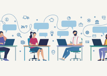 Illustration montrant les tendances 2025 pour les fournisseurs VoIP et les centres d’appels, incluant des icônes représentant la technologie VoIP, l’IA et des outils analytiques