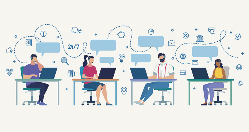 Illustration montrant les tendances 2025 pour les fournisseurs VoIP et les centres d’appels, incluant des icônes représentant la technologie VoIP, l’IA et des outils analytiques