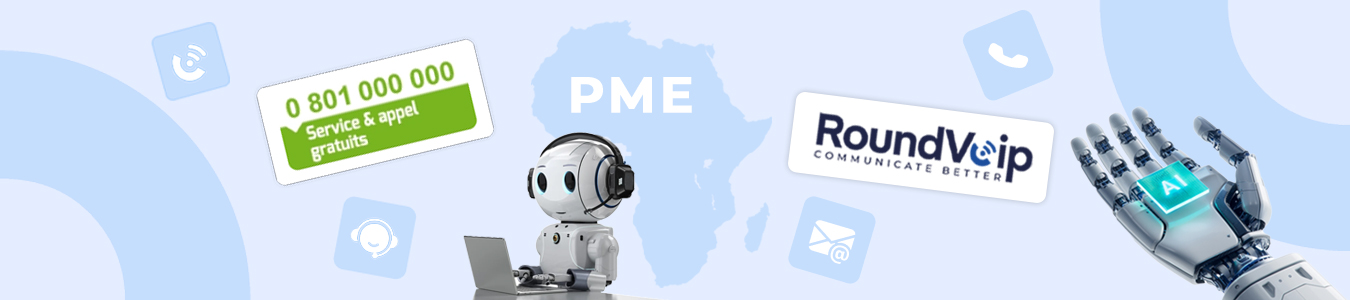 Illustration montrant une solution VoIP pour les PME en Afrique, incluant des numéros gratuits, l’intelligence artificielle et des outils de communication efficaces
