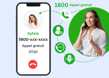 les avantages des numéros courts et gratuits pour le service client, avec un exemple de numéro court (1800-xxx-xxxx) et une cliente satisfaite