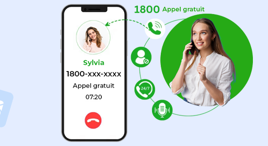 les avantages des numéros courts et gratuits pour le service client, avec un exemple de numéro court (1800-xxx-xxxx) et une cliente satisfaite