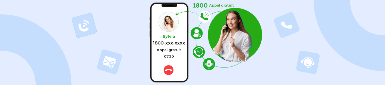 les avantages des numéros courts et gratuits pour le service client, avec un exemple de numéro court (1800-xxx-xxxx) et une cliente satisfaite