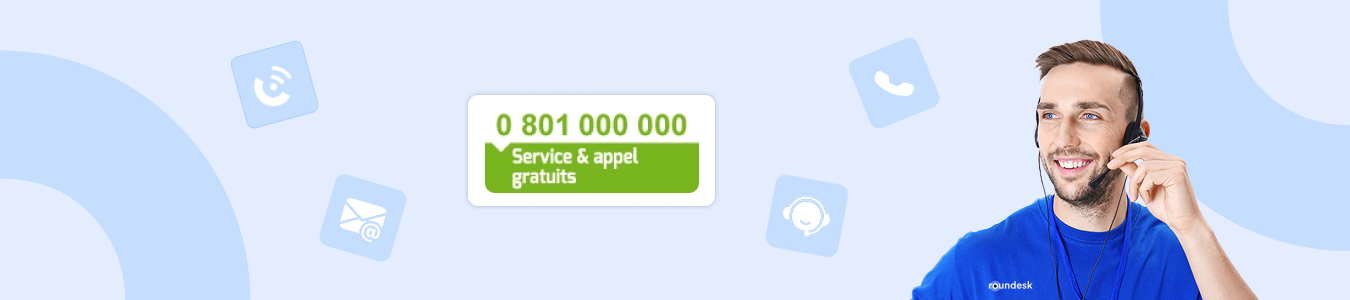 Illustration montrant un opérateur souriant avec un numéro mnémonique facile à retenir, accompagné de l’indication "Service & appel gratuits"