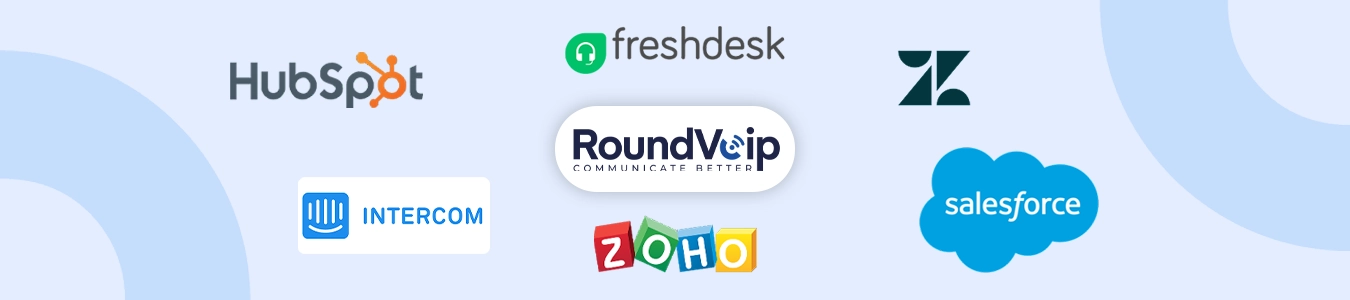 Illustration montrant l’intégration de la VoIP avec des CRM populaires comme HubSpot, Salesforce et Zoho pour optimiser la gestion des appels et les interactions clients